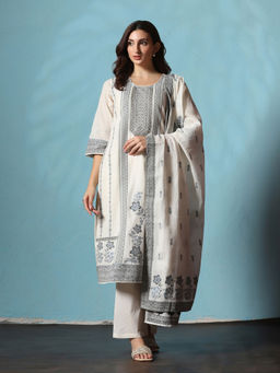 Shree - Cotton Jacquard Off White Kurta Comfort Pant with Dupatta