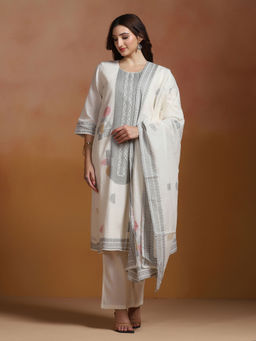 Shree - Off White Cotton Jacquard Kurta Comfort Pant with Dupatta