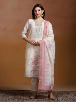 Shree - Linen Off White and Pink Embroidered Kurta Comfort Pant with Dupatta
