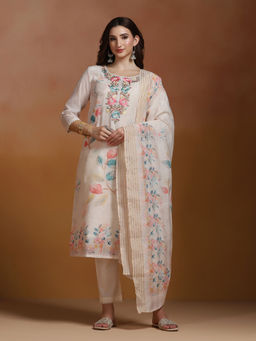 Shree - Linen Cream Embroidered Kurta Comfort Pant with Dupatta
