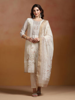 Shree - Poly Viscose Linen Off White Embroidered Kurta Comfort Pant with Dupatta