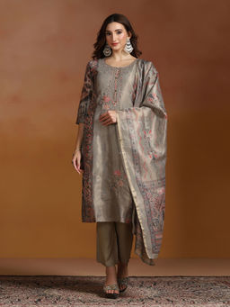 Shree - Linen Olive Embroidered Kurta Comfort Pant with Dupatta