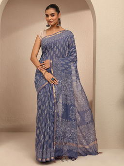 Libas - Blue floral motif printed saree with Unstitched Blouse