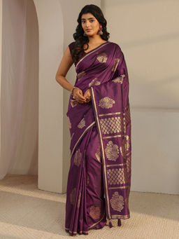 Libas - Burgundy woven design saree with Unstitched Blouse