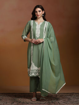 Shree - Viscose Organza Green Embroidered Kurta Comfort Pant with Dupatta