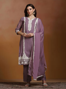 Shree - Viscose Organza Lavender Embroidered Kurta Comfort Pant with Dupatta