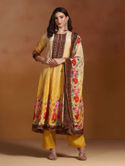 Shree - Natural Crepe Mustard Printed Kurta Comfort Pant with Dupatta