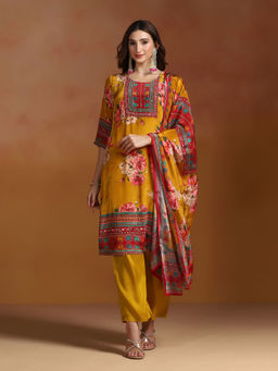 Shree - Natural Crepe Mustard Printed Kurta Comfort Pant with Dupatta