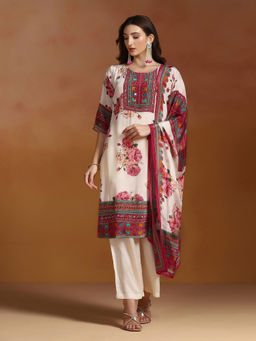 Shree - Natural Crepe Cream Printed Kurta Comfort Pant with Dupatta