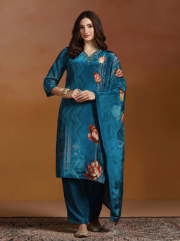 Shree - Natural Crepe Blue Printed Kurta Comfort Pant with Dupatta
