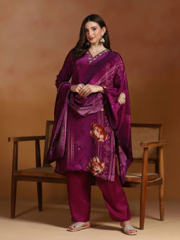 Shree - Natural Crepe Purple Printed Kurta Comfort Pant with Dupatta