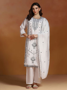 Shree - Chanderi White Embroidered Kurta Comfort Pant with Dupatta