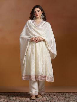 Shree - Chinon Cream Embroidered Kurta Comfort Pant with Dupatta