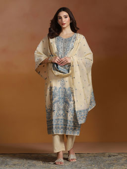 Shree - Beige Chanderi Jacquard Kurta Comfort Pant with Dupatta