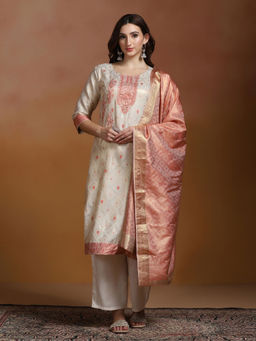 Shree - Off White Jacquard Kurta Comfort Pant with Dupatta