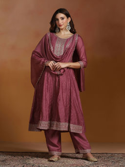 Shree - Chinon Mauve Embroidered Kurta Comfort Pant with Dupatta