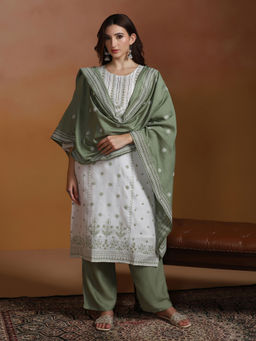 Shree - Poly Viscose Off White and Green Embroidered Kurta Comfort Pant with Dupatta
