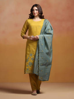 Shree - Mull Chanderi Mustard Embroidered Kurta Comfort Pant with Dupatta