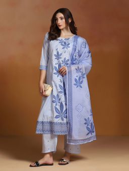 Shree - Poly Cotton Blue Embroidered Kurta Comfort Pant with Dupatta