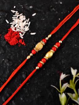 Shoshaa - Red Beads Bhai Rakhi with Roli Chawal (Set of 3)