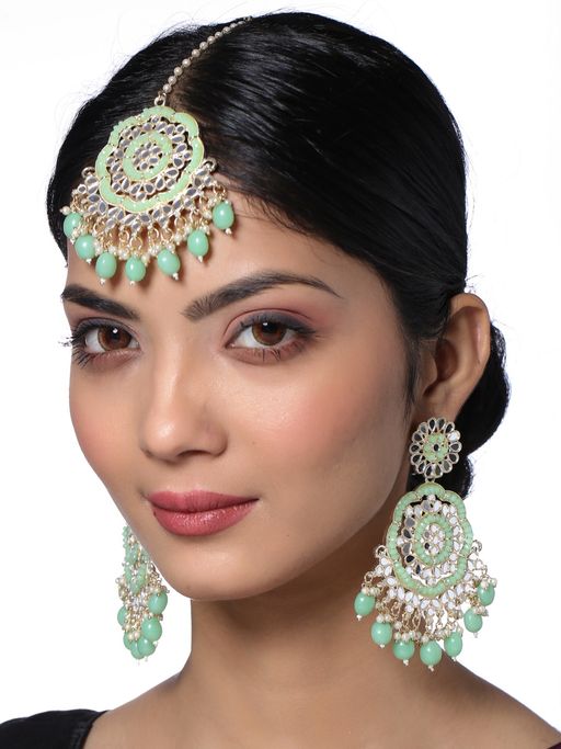 VIRAASI Green Pearl Mirror Work Ethnic Maangtikka Earrings for Women and Girls (Set of 2)