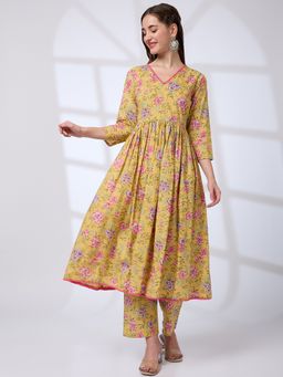 Globus - Yellow Pom Pom Lace V-Neck Floral Print Pleated A-Line Kurta with Pant (Set of 2)