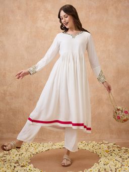 Globus - Off-White V-Neck Embroidered Long Sleeves Anarkali Kurta and Straight Pant (Set of 2)