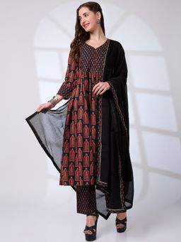 Globus - Black V-Neck Ethnic Print Sequinned A-Line Kurta with Pant and Dupatta (Set of 3)