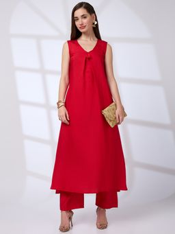 Globus - Red V-Neck Tassel Detail A-Line Kurta and Straight Pant (Set of 2)