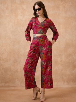 Globus - Pink V-Neck Floral Print Fusion Co-Ord (Set of 2)