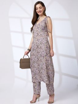 Globus - Lilac V-Neck Tie-Up Strappy Shoulder Floral Print A-Line Kurta with Pant (Set of 2)