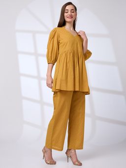 Globus - Mustard V-Neck Bishop Sleeves Lurex Festive Co-Ord (Set of 2)
