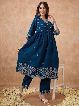 Globus - Navy Blue Floral Embroidered Work V-Neck Scalloped Hem A-Line Kurta with Pant (Set of 2)