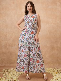 Globus - White Round Neck Floral Print Lace Insert Tunic with Palazzo (Set of 2)