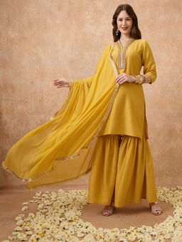 Globus - Mustard Sequin Lace Detail V-Neck Straight Kurta with Sharara and Dupatta (Set of 3)