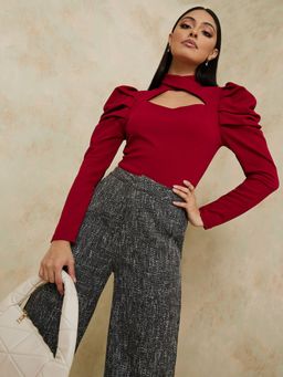 Styli - Long Puff Sleeves Cut-out Keyhole Bodysuit
