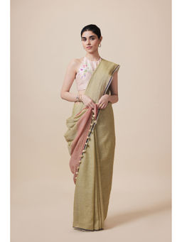 Dressfolk - Handwoven Pure Cotton Olive Saree With Unstitched Blouse