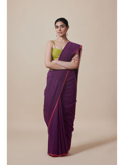 Dressfolk - Handwoven Pure Cotton Dark Purple Saree With Unstitched Blouse