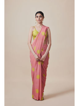 Dressfolk - Handwoven Pure Cotton Peach Dot Print Saree With Unstitched Blouse