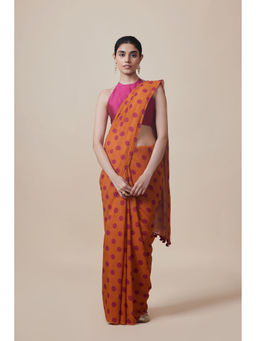 Dressfolk - Handwoven Pure Cotton Rust Polka Dot Print Saree With Unstitched Blouse