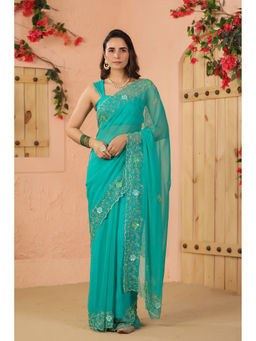 Geroo Luxe - Turquoise Green Hand Embroidered Chiffon Saree with Unstitched Blouse
