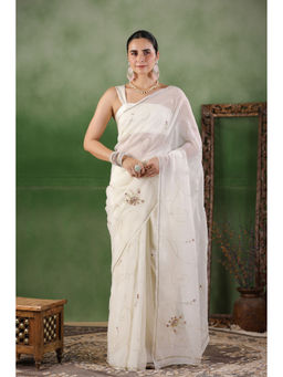 Geroo Luxe - White Hand Embroidered Chiffon Saree with Unstitched Blouse