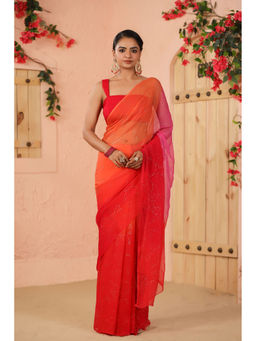 Geroo Luxe - Shaded Pink And Orange Chiffon Saree with Unstitched Blouse