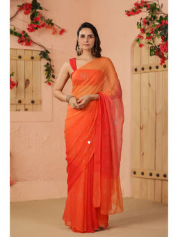 Geroo Luxe - Shaded Orange And Peach Chiffon Saree with Unstitched Blouse