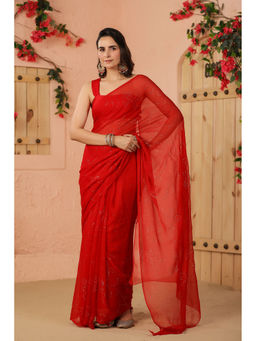 Geroo Luxe - Red Mukaish Work Chiffon Saree with Unstitched Blouse