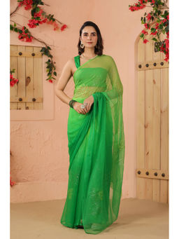 Geroo Luxe - Green Shaded Net Patch Work Chiffon Saree with Unstitched Blouse