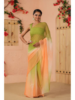 Geroo Luxe - Green And Peach Shaded Net Patch Work Chiffon Saree with Unstitched Blouse