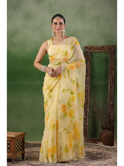 Geroo Luxe - Cream Hand Painted Chiffon Saree with Unstitched Blouse