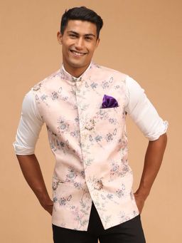 Vastramay - Men's Pink Printed Nehru Jacket with Pocket Square