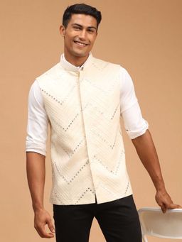Vastramay - Men's Cream Mirror Work Nehru Jacket